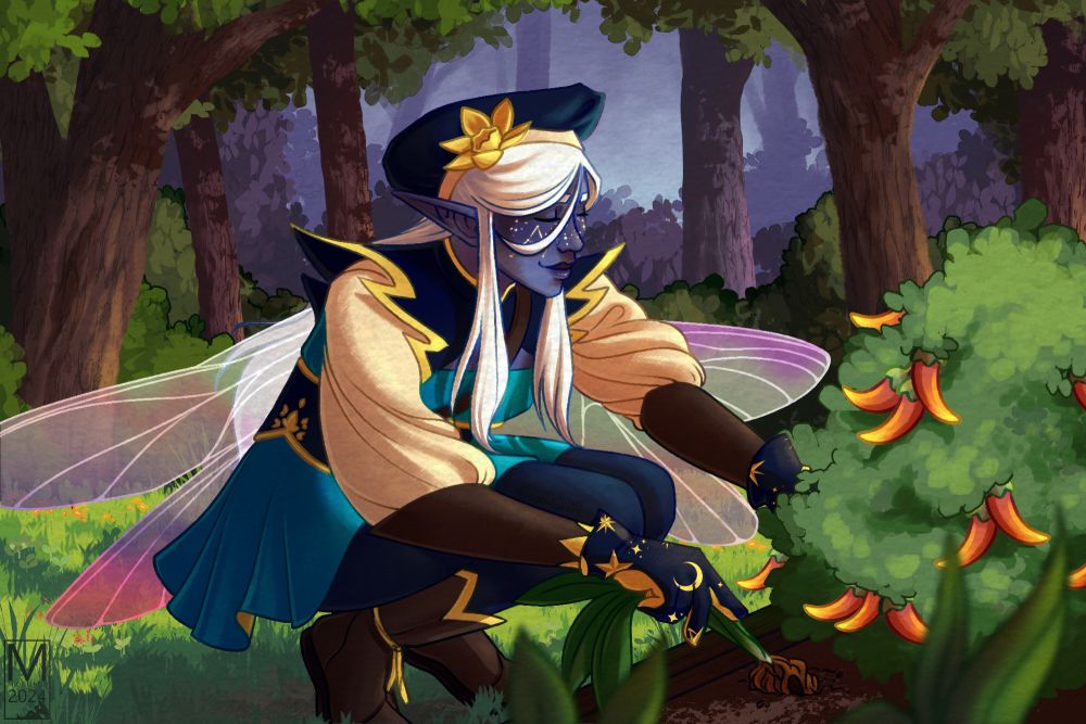 Rainys vtuber cosplaying Fable from Tavern Talk, a blue skinned, white haired fey with iridescent wings wearing a blue version of fables first outfit. A teal skirt, navy leggings, cream shirt; and navy corset, hat and shoulder armor with dark brown boots and bracers. They are gardening in an enchanted forest filled with flowers, peppers, and mandrakes.