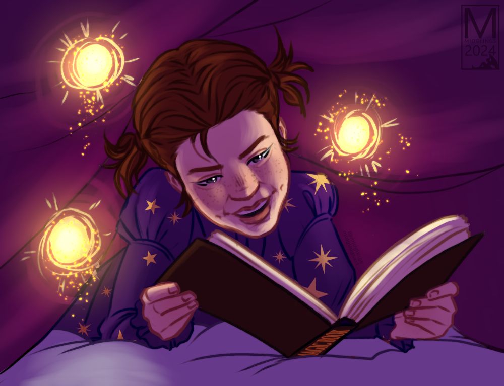A young Alligan hiding under a blanket reading by the light of the spell 'dancing lights'