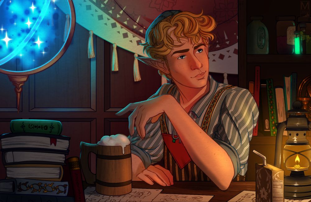 a cluttered work room of potion bottles and magic items, theoneazrai leans over a full stein while looking over to speak with someone out of frame