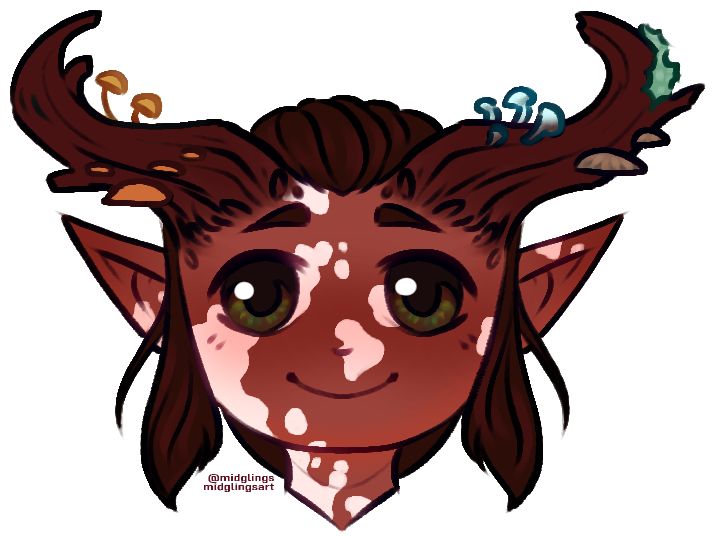 a red tiefling with white vitiligo markings and wood like horns covered in fungi