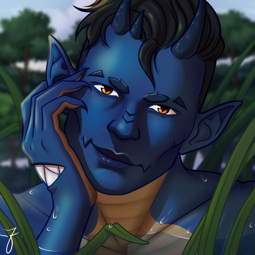 Icon close up of the face and hand of Kaldwins vtuber, a Cipactli. They have a mouth on the back of their hand with dark blue skin, tan plated underbelly, with gold eyes and blue/black hair, and pointed ears. Sprouting from their forehead is a set of mismatched horns, two smaller on the right and a larger one on the left. Their mouth is wide with a smirk and tooth like scales on each side. The fore and background is lake with tall reeds lit by the early morning light.