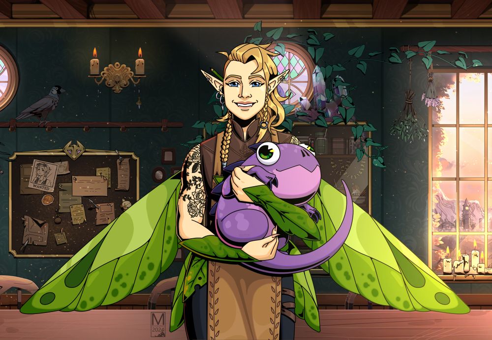 My tavern keeper design, a green leaf winged fey. Pale, blonde hair with the sides shaved, blue eyes and a wide smile. They're left upper arm is covered in black floral tattoos, they have a sleeveless dark brown leather top and a tan apron bordered with leaves, and green leaf gauntlets.