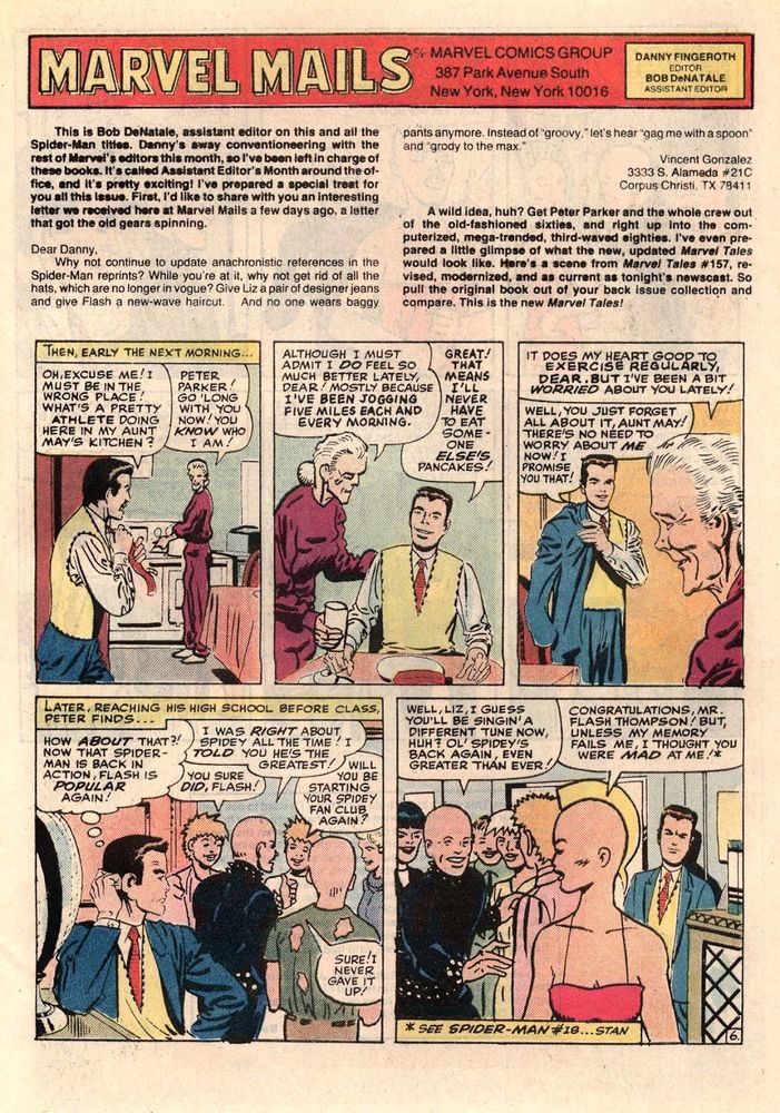 A letters page in which the editor acknowledges the awkwardness of the dialogue replacements, and proposes taking it further, with redrawn Ditko panels wherein Aunt May is in a jogging outfit and all the kids at school are in badly-imagined "punk" outfits.