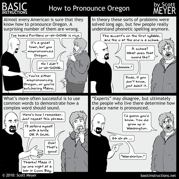 A four-panel comic strip from basicinstructions.net, explaining how to pronounce Oregon correctly. The mnemonic given is 