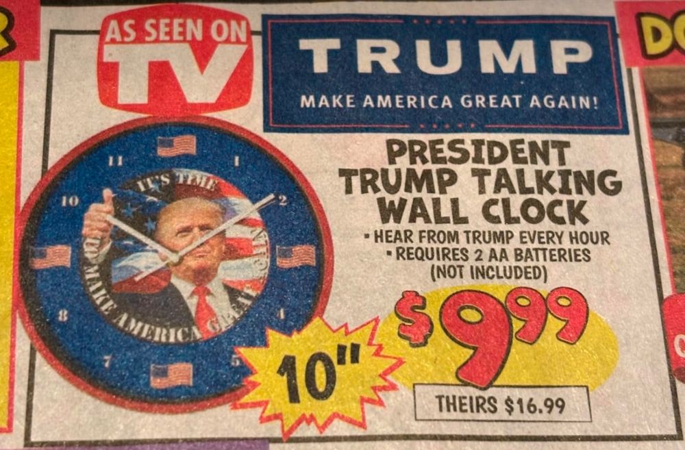 News paper advertisement for a Donald Trump wall clock on sale for $9.99