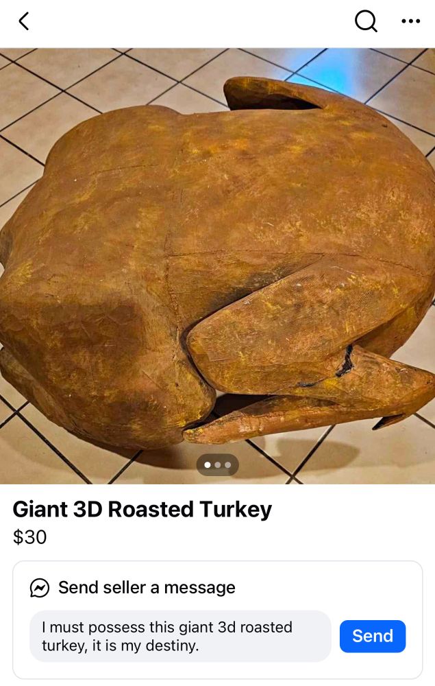 fb marketplace ad for a giant 3d roasted turkey 