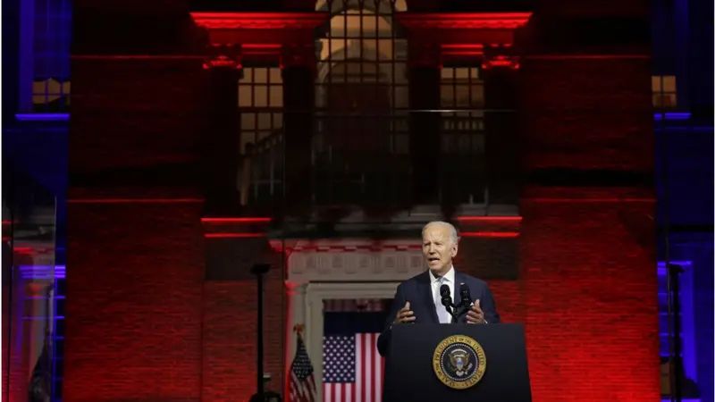 Screen capture of bidens “soul of the nation” speech aka the red brandon speech 