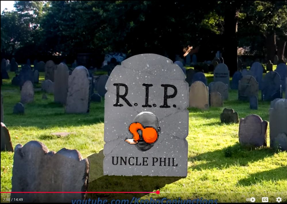 ohhh my god it's a screenshot from fesh pince of blair 2. on youtube. ok so there's a gravestone that says RIP uncle phil (from the fresh prince of bel air). i have poorly edited the sofurry logo over it. i love you