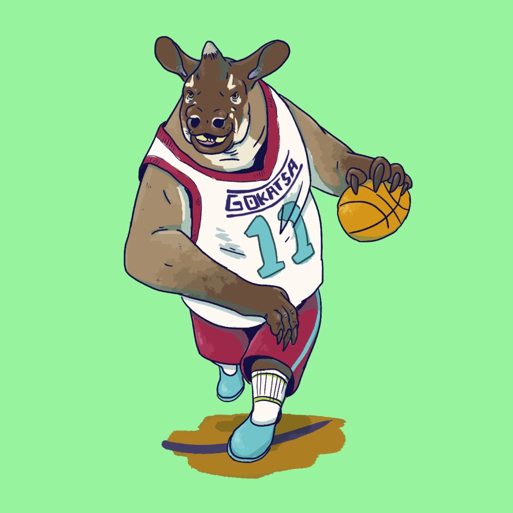 An aum (brubafa equivalent to “man”) gets ready to score a hoop for the Gokatsa Rhinos. Due to the American importation of the sport, it’s seen as “cool” to use English for team mascots when possible.