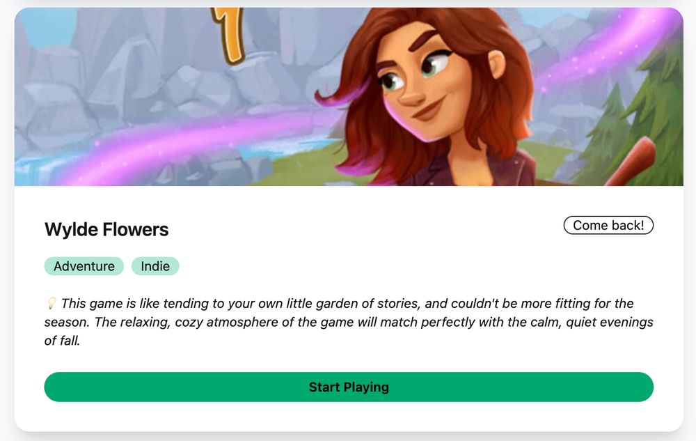 A screenshot showing the game Wylde Flowers and the text "This game is like tending to your own little garden of stories, and couldn't be more fitting for the season. The relaxing, cozy atmosphere of the game will match perfectly with the calm, quiet evenings of fall."
