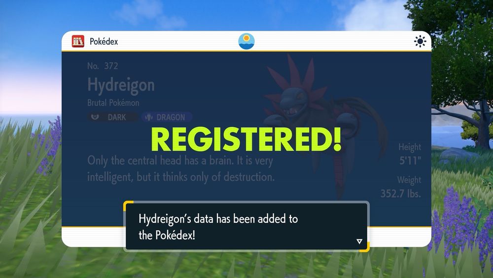 Screenshot of Pokémon Scarlet and registered Hydreigon