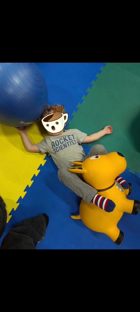 A toddler with their face obscured falling on the ground while reading an inflatable dog with an exercise ball above his head
