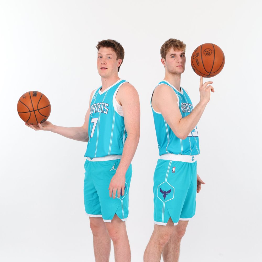 Charlotte Hornets rookies Kon Knueppel and Liam McNeely looking real cool in their jerseys