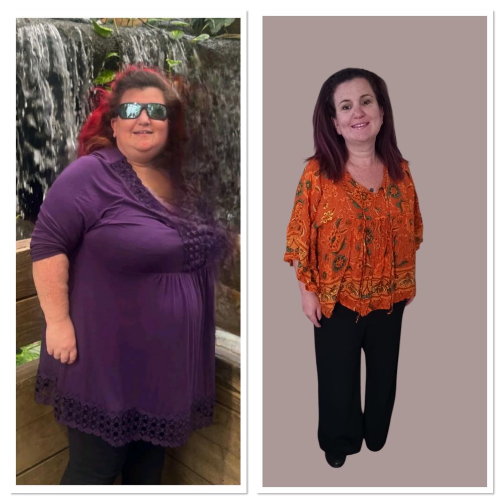 A split screen of me in a purple top one side n orange the other. In. The purple I am 133.5lb heavier than in the orange
