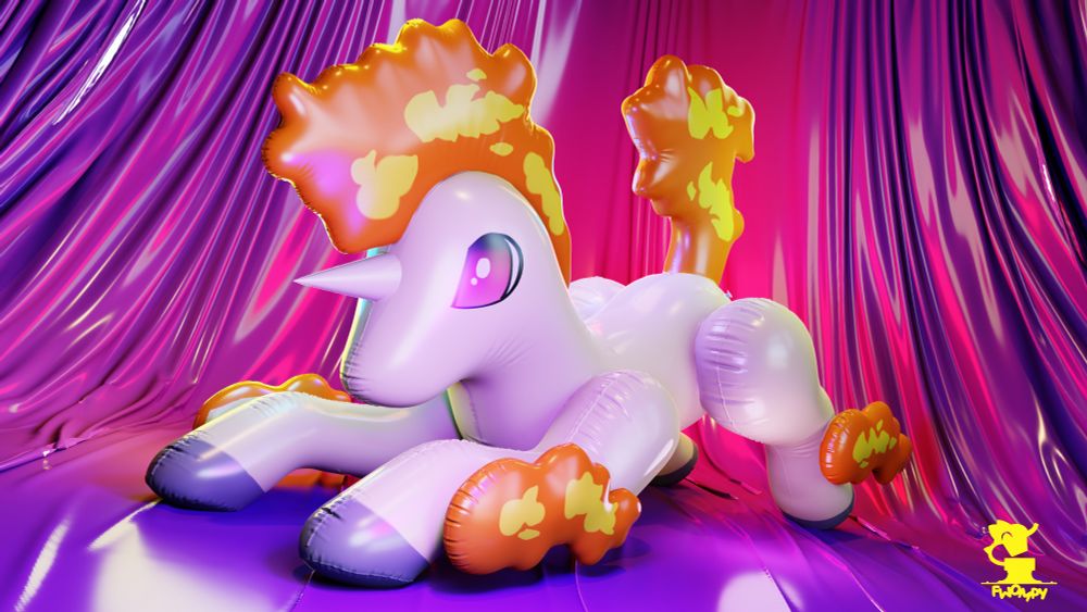 an inflatable rapidash the pokemon in front of a purple curtain