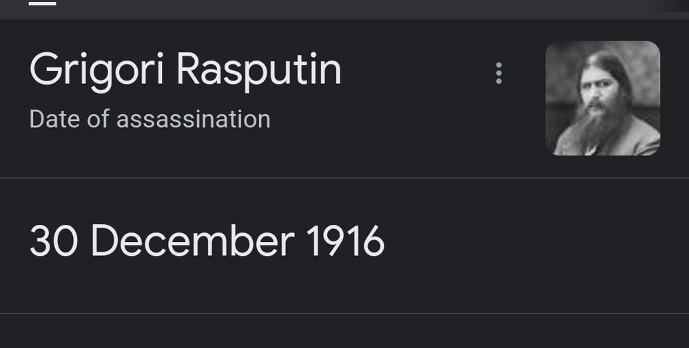Picture of Rasputin with his death date of 30 December 1916
