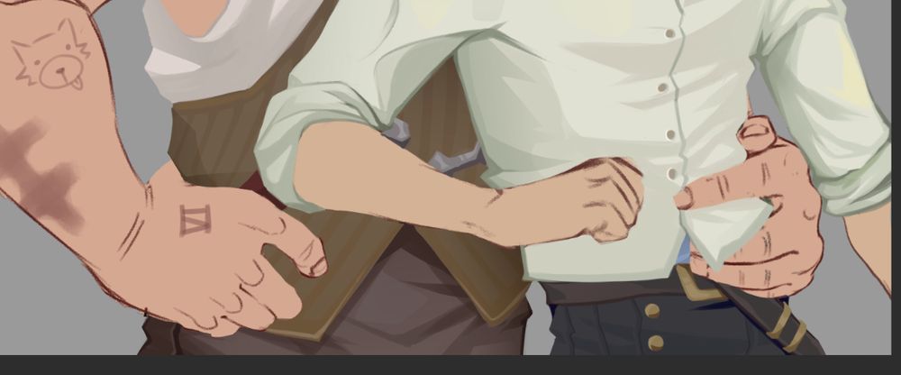 a cropped work in progress of a digital painting of vander and silco, showing their torsos and arms. silco's hand is partially curled into a fist and vander's hands. vander's hands are. oh my god they're SO big y'all like imagine an o