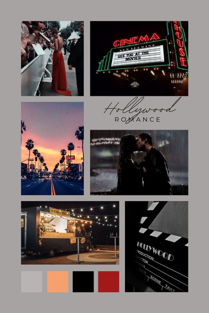 Read from left to right through each row. 
1. A woman in red dress- a celebrity- signing autograph for fans.
2. The entrance of a theatre: "Cinema" written in bold red neon lights. Below the board reads: "See you at the movies."
3. Pink backdrop of Los Angeles skyline with palm trees lining the road. 
4. Text: "Hollywood Romance"
5. A man and a woman making out in the rain.
6. A food truck lined with fairy lights. 
7. A black and white image of clapboard having "Hollywood" on the top.
8. Boxes of 4 colours: grey, peach, black and red. Indicating the colour scheme of the entire moodboard 