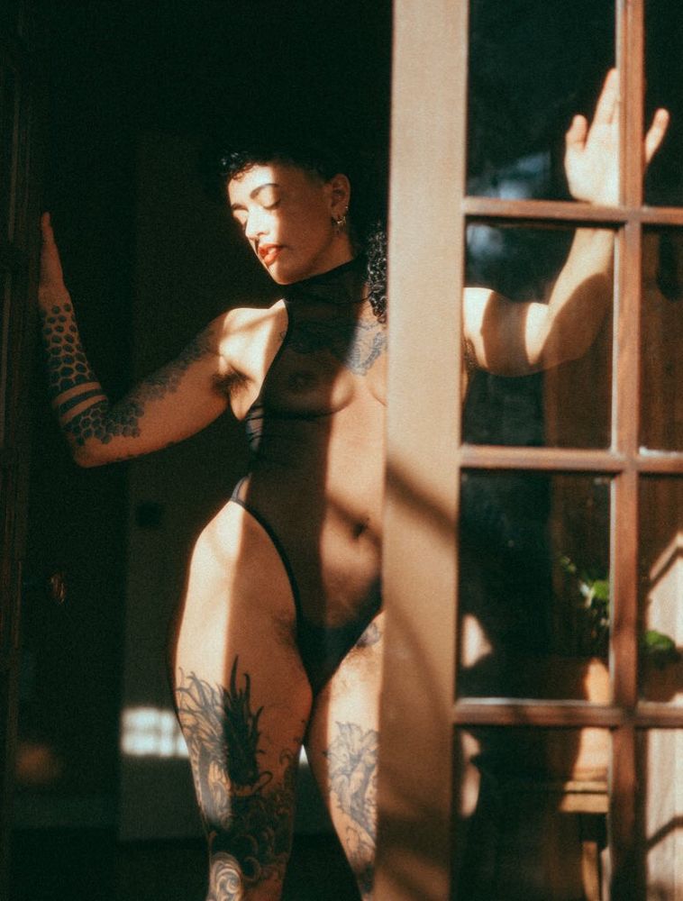 Petite minx with light olive skin, standing in the doorway basking in the glow of a generous sun. The light beam streaks down their slightly turned-away face with its closed eyes and pouting lips, down their hairy armpit, and across their protruding hipbone and thick thigh. Their dark, curly mullet is nearly hidden in the darkness. Their body suit is a black, see-through mesh, which means you can see hidden tattoos along with the visible ones on their arms and legs. A streak of shadow trails down their nipple and grazes their full bush that abundantly shows from beneath their mesh suit.