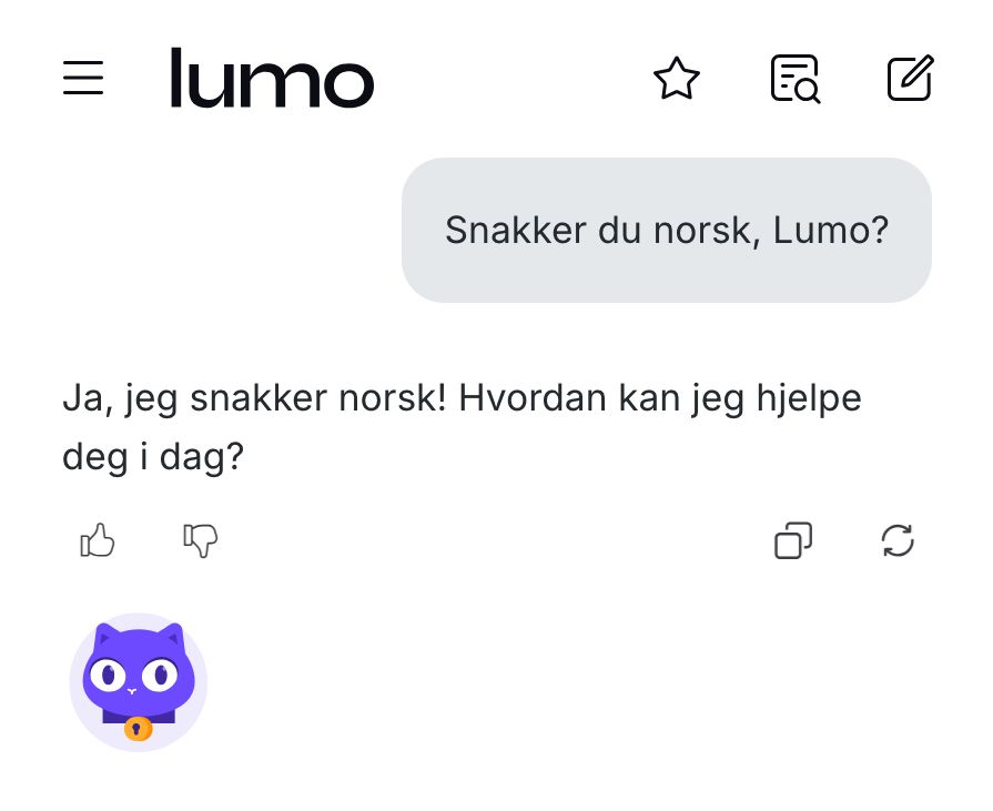 Q: Snakker du norsk, Lumo?
A: Ja, jeg snakker norsk! Hvordan kan jeg hjelpe deg i dag?