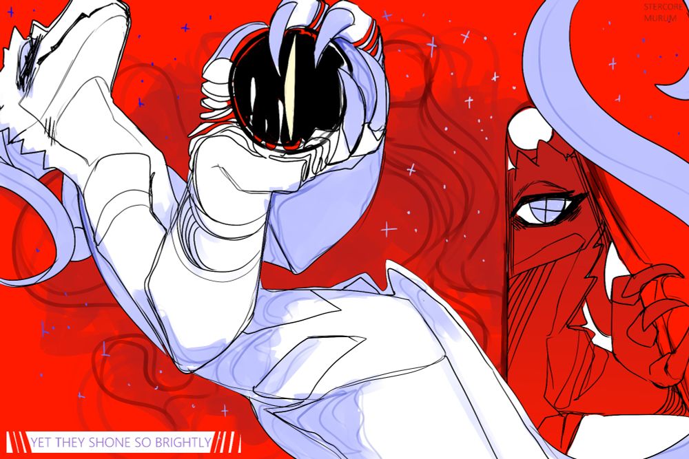 An abstract piece of a lizard character laying/drifting in crimson space full of stars, holding a circular object resembling an eye that appears to affect their hands in some way, at the right section of the art theres something peeking from the curtain that looks like a red version of the lizard