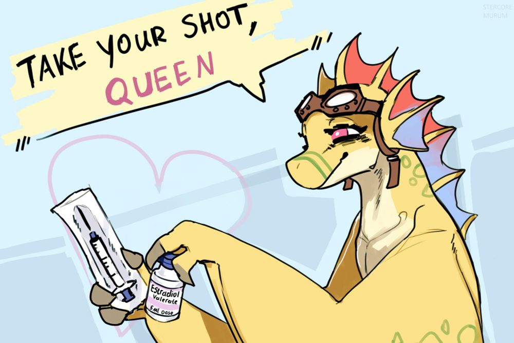 Adine from angels with scaly wings holding estrogen and saying "Take your shot, queen"