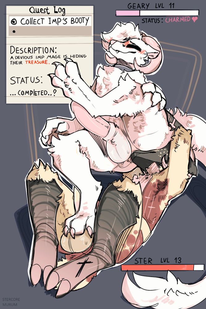 A sheep diving deep into the ass of an imp otter, the textbox on the left saying "Quest Log/Collect Imp's Booty/Description: a devious imp mage is hiding their treasure/status: ... completed..?" Both have hp bars with their names and the imp has a "charmed" status