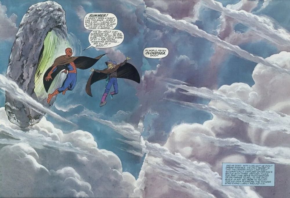 spider-man in a poncho and his teen girl sidekick in a poncho are flying in a magical land called cloudsea