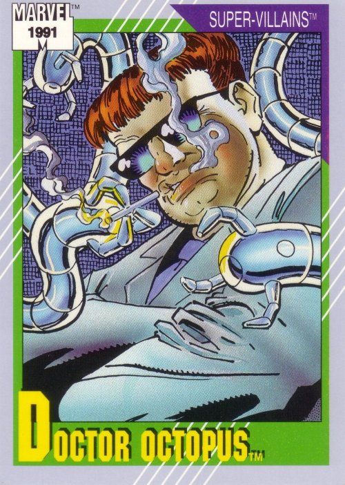 doctor octopus trading card. he's in a white suit, sunglasses, and he's smoking (his mech arms hold the ciggy)