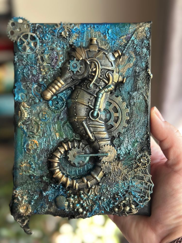 Mixed media painting with a steampunk seahorse