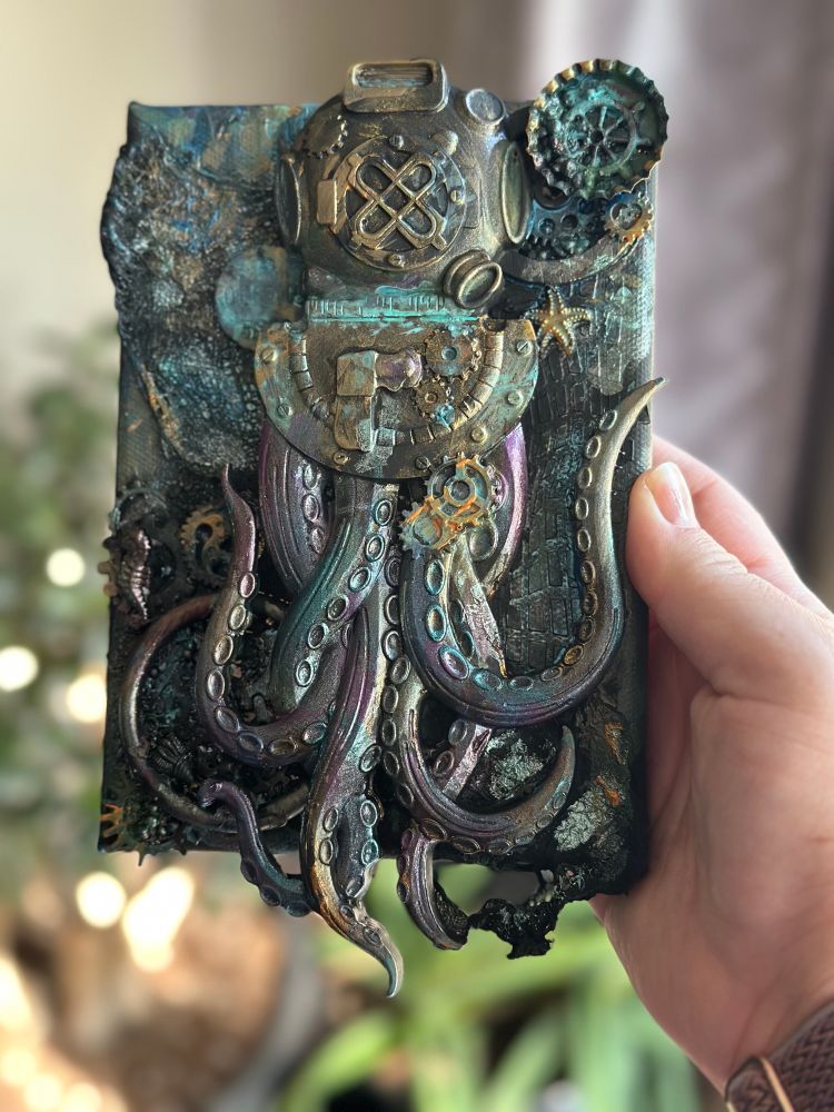 Mixed media painting with a steampunk octopus