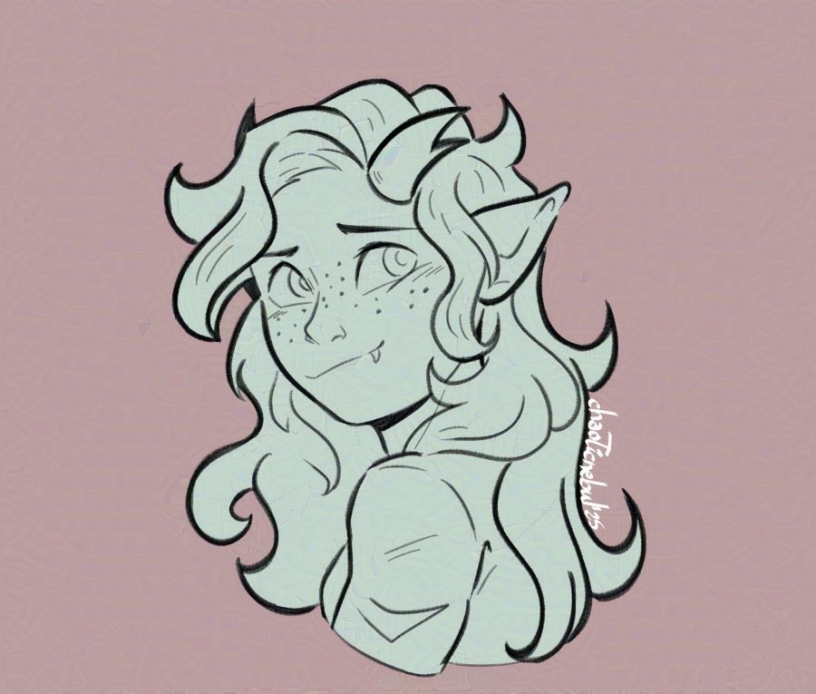 A digital sketch of a young woman with elvish ears and two small horns, looking at the viewer with a soft smile.