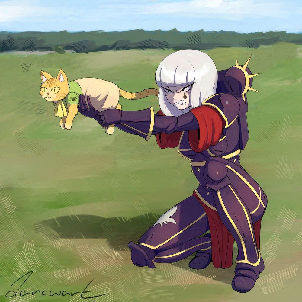 Warhammer 40k sister of battle on a field, holding a cat as a gun