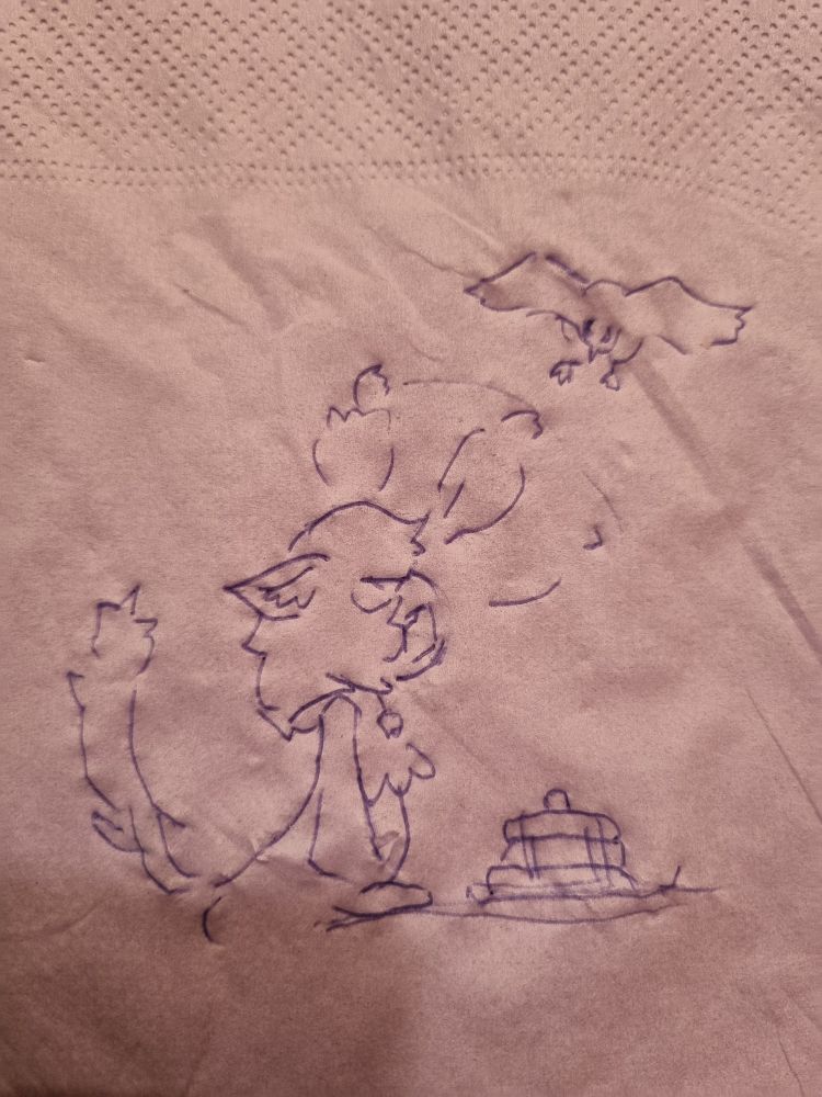 Napkin doodle of a cat character fighting a bird over pancakes