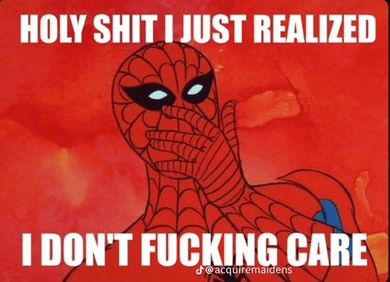 1960s Spider-Man meme:

HOLY SHIT I JUST REALIZED 

I DON'T FUCKING CARE 