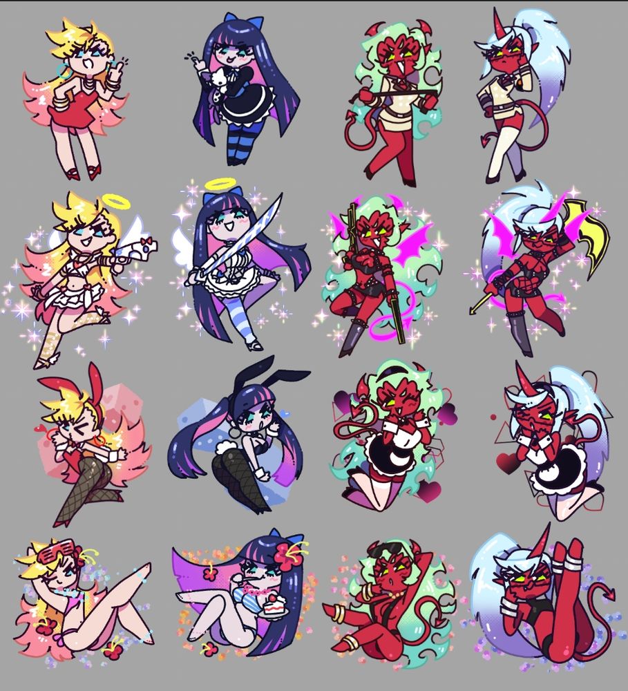 chibis of panty, stocking, scanty, and kneesocks in various outfits