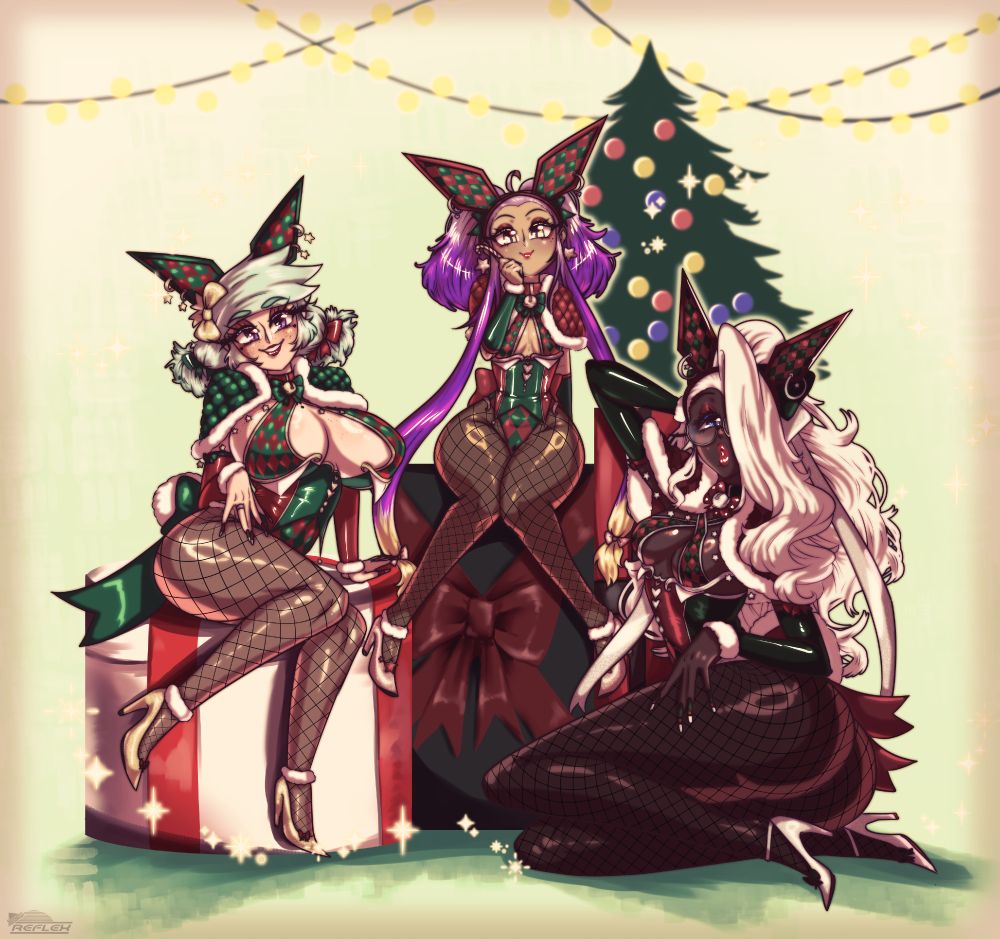 from 2024, the girls in christmas themed bunny suits sitting around the tree
