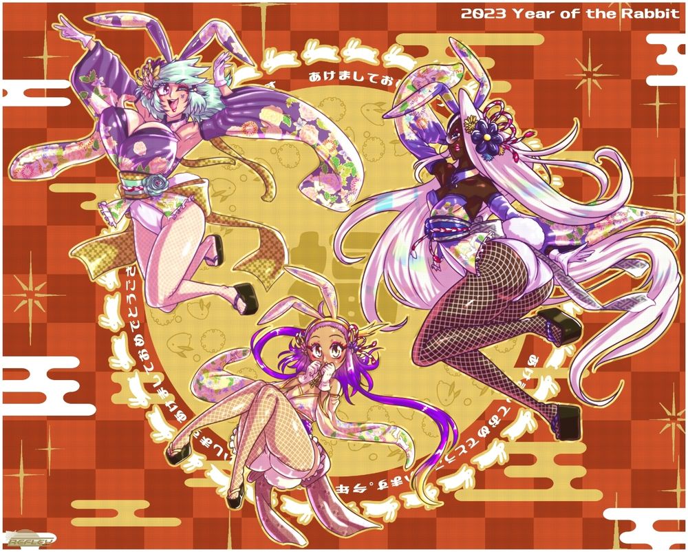 from 2023, for the year of the rabbit, the girls in kimono bunny suits in their favorite colors