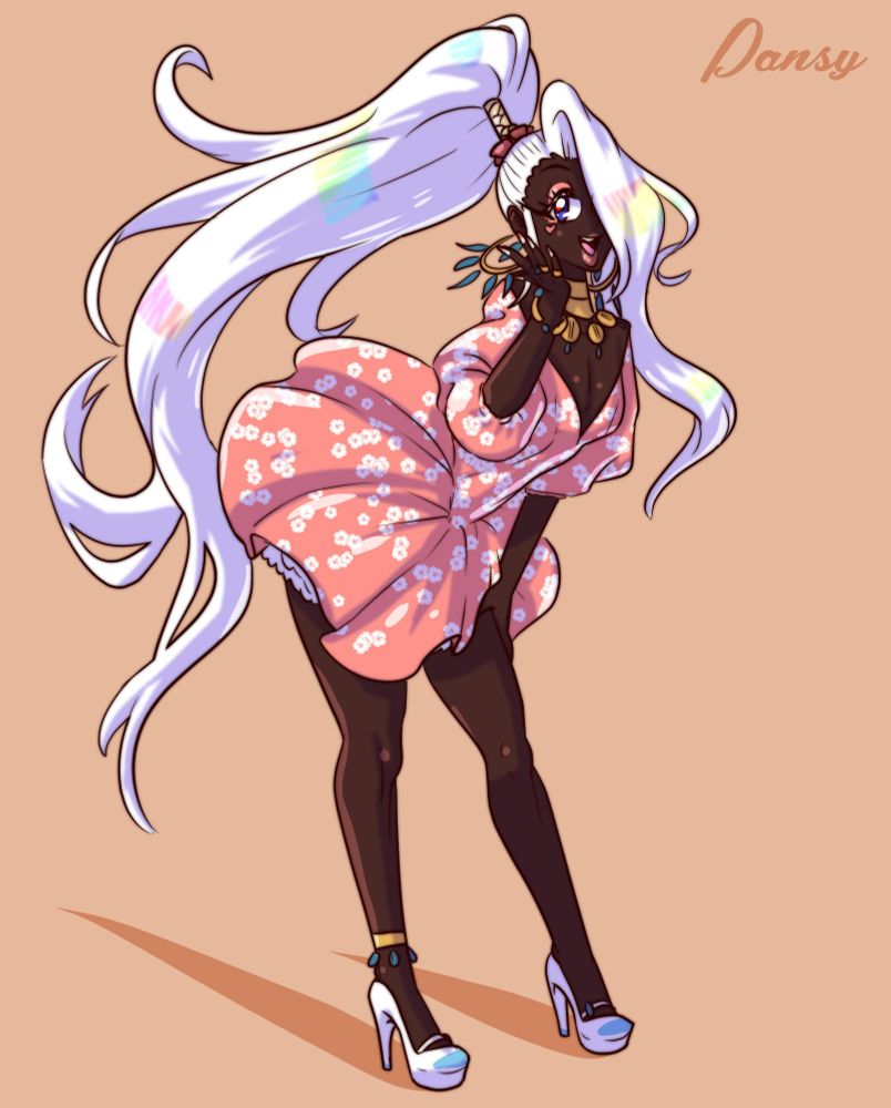 Pansy

Nafi, leaning forward, wearing an orange floral puff dress. Her hair is in a long ponytail tied up at the top. She's wearing golden accessories with blue feathers and beads at the ends.