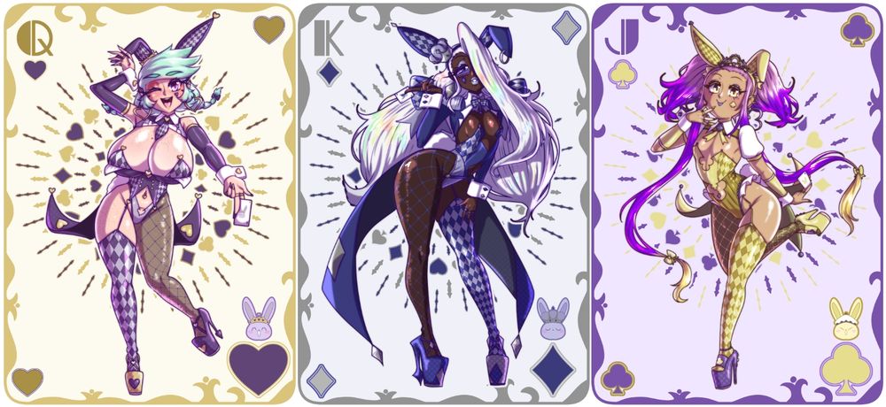 Wendy, Nafi, and Rhia in themed bunnysuits on playing cards