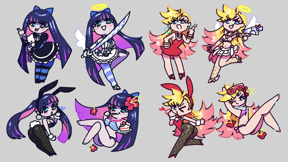 chibis of stocking and panty. in their normal outfits, angel outfits, bunny suits, and swimsuits