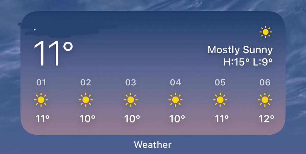 Screenshot of the weather app, showing it’s currently 1AM, 11°C and sunny. The hourly weather forecast between 1am and 6am shows sun, and temperatures between 10°C and 12°C. The daily weather forecast predicts mostly sunny, between 9°C and 15°C. 