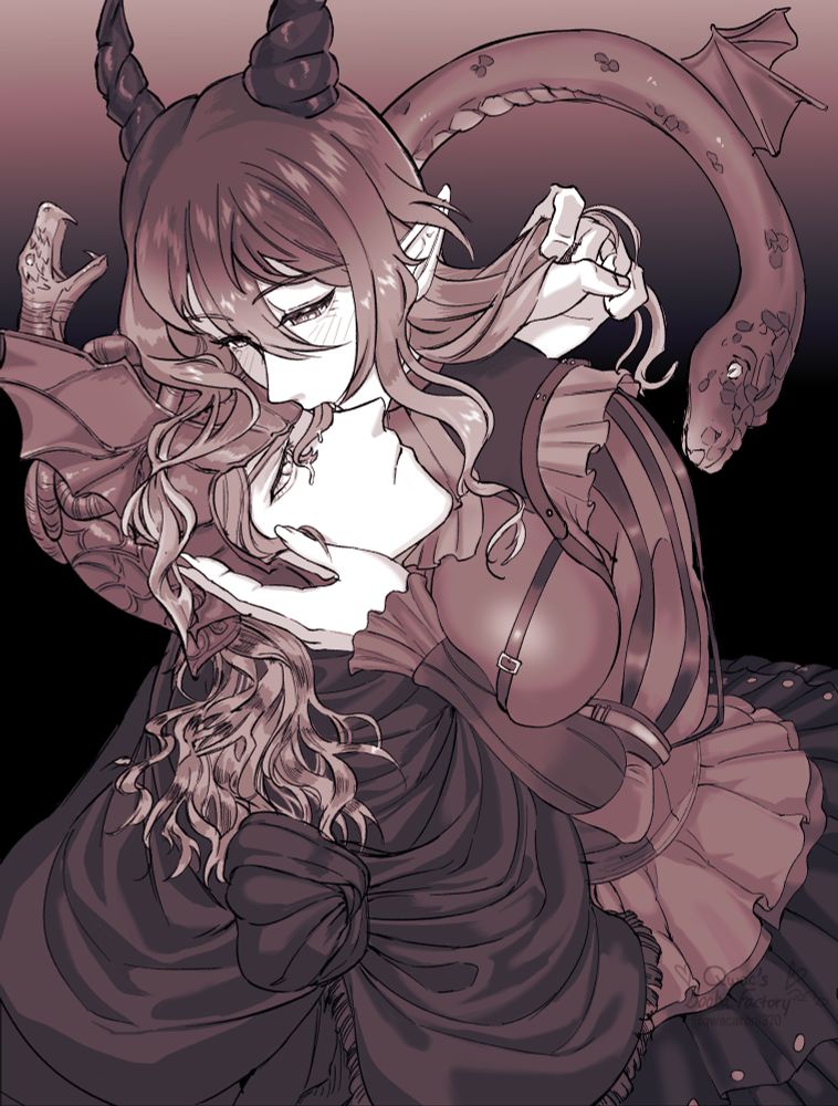 A monochromatic illustration of Iris Bloodblaze sitting on Messmer the Impaler's lap, licking his eye with a snake tongue