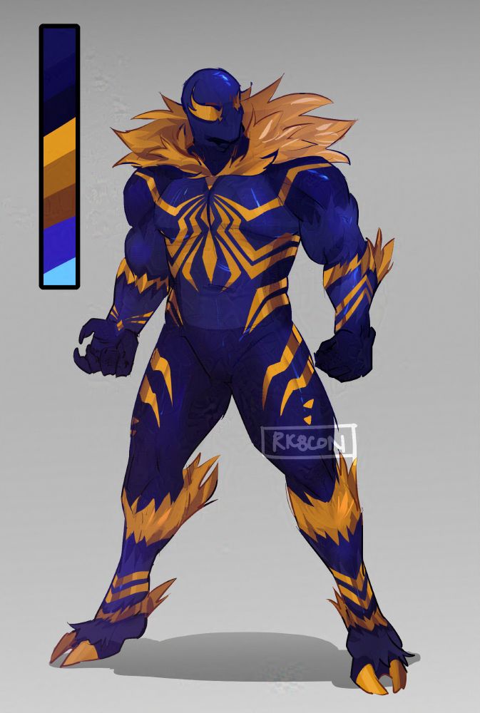 A tall muscular man wearing a full spider man suit in purple colors with golden spider markings on his chest and in his arms, thighs and shins. There are tufts of golden fur around the back of his shoulder, elbow and on the shins, along with a pair of big nails on each foot