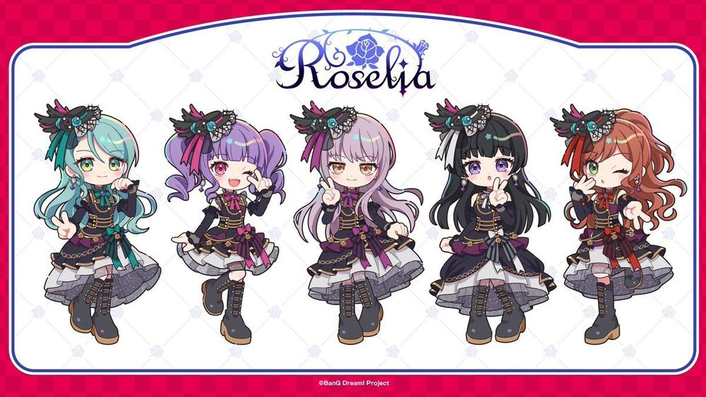 Art for the new merch for BangDream's 10th anniversary for the band Roselia. All 5 girls are in a very cute cartoon style.
