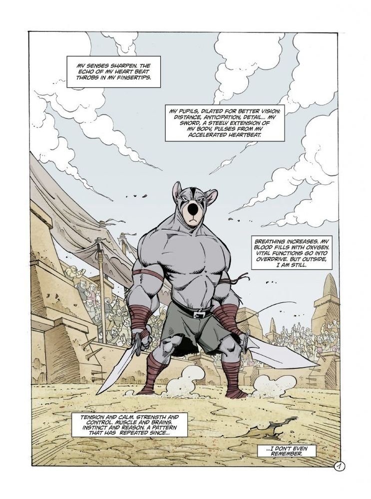 Page of Solo by Oscar Martin of a shirtless buff rat dude standing menacingly while wielding two shortswords