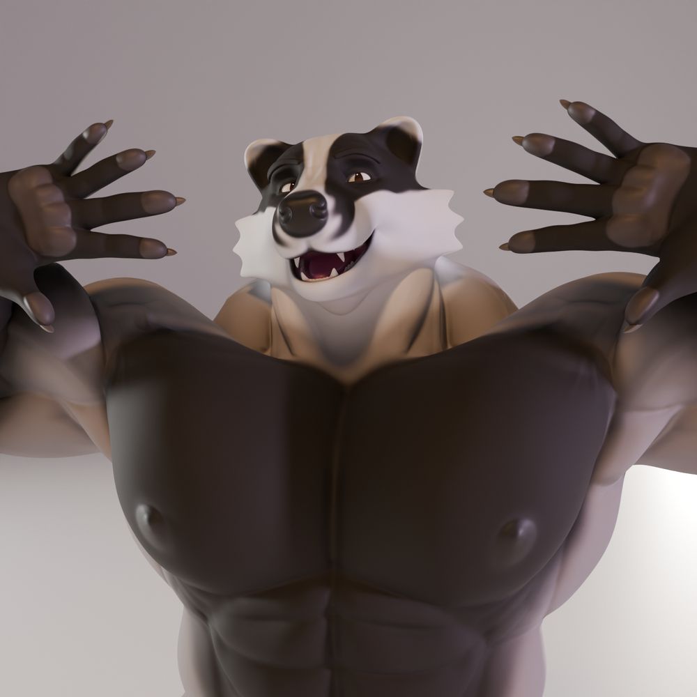 3D render of a buff anthro badger man giving the viewer a big smike, as he's waving his hands beside his head to show off his new cheek fluffs

DDArtTag