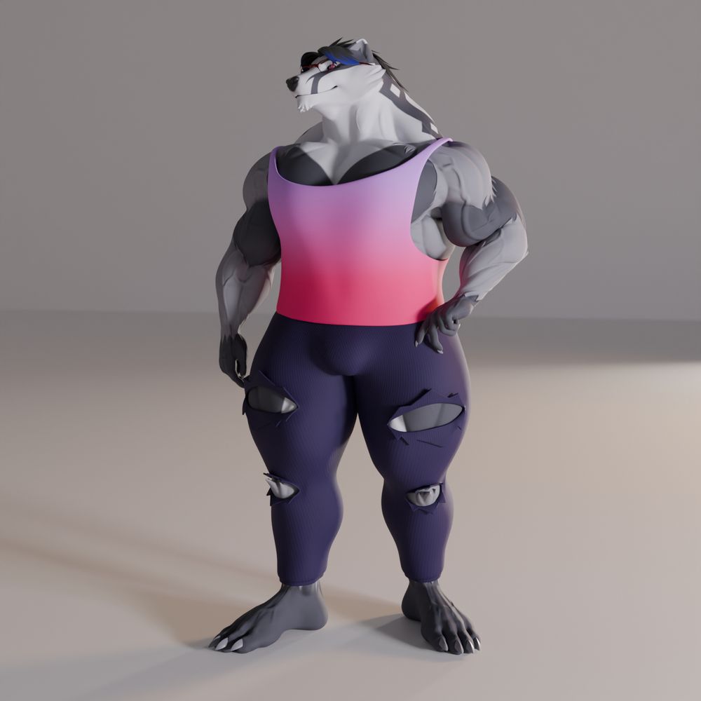 3D render of a buff anthro badger/obstagoon man wearing a gradient pink tanktop and purple ripped pants