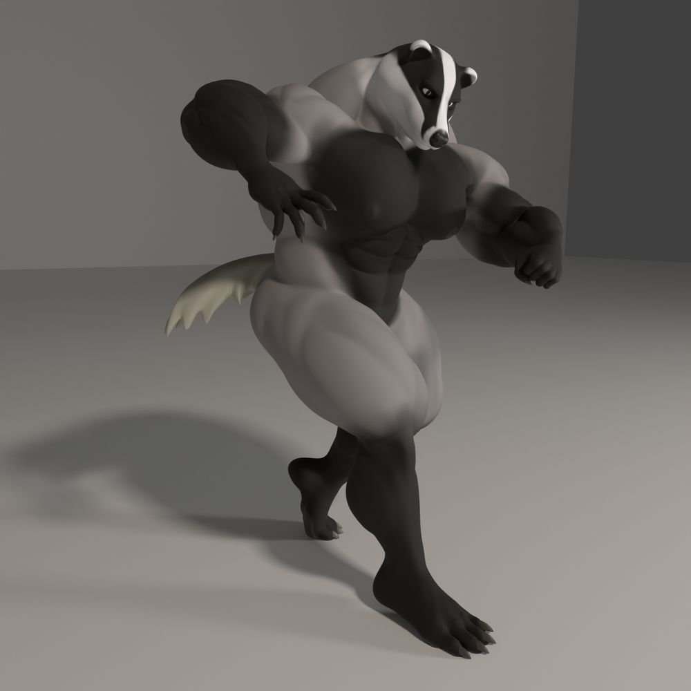 Frontal 3D render of a buff anthro badger man striking a sort of "showing my claws" pose