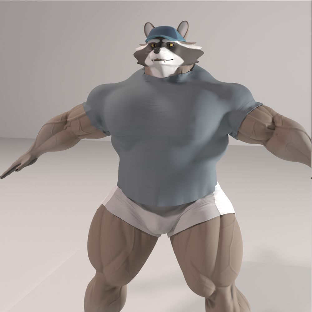 3D render of a buff anthro raccoon wearing a tight shirt and shorts